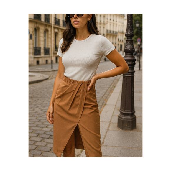 Modelivree Faux Wrap Midi Skirt Caramel Brown Size Large - Picture 1 of 8